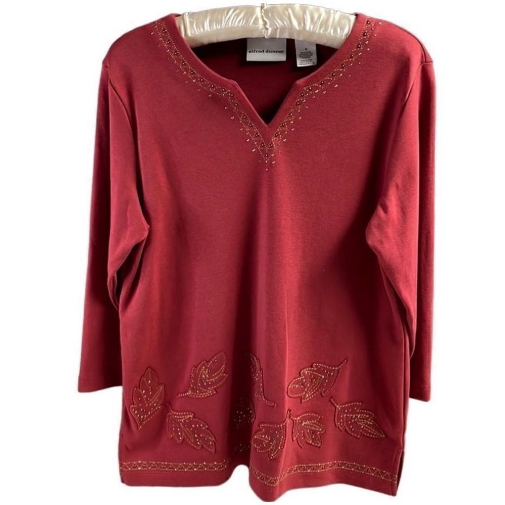 Alfred Dunner Ladies Embellished Fall Leaves Vneck Top, Size Small, Brownish Red